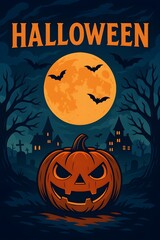 Fototapeta premium halloween background with pumpkin night with Haunted Houses, Full Moon, and Glowing Pumpkin