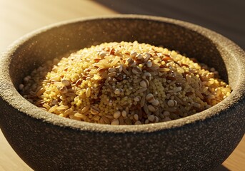 Stone Bowl of Mixed Grains Rice, Millet, Barley, Quinoa. Healthy Food and Cooking.