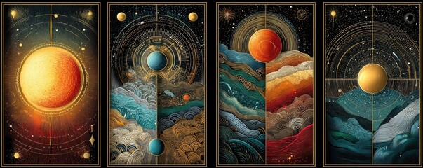 Intricate Four-Panel Vector Illustration Depicting Celestial and Cosmic Art Designs