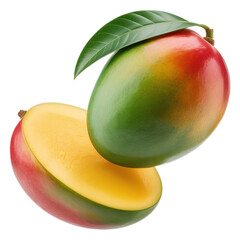 flying mango fruit and half slices isolated on transparent white background, clipping path