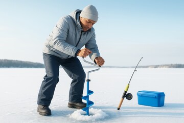 Man ice fishing on frozen lake using auger drill with gear on snow under clear sky during winter outdoor leisure activity concept. Ai generative