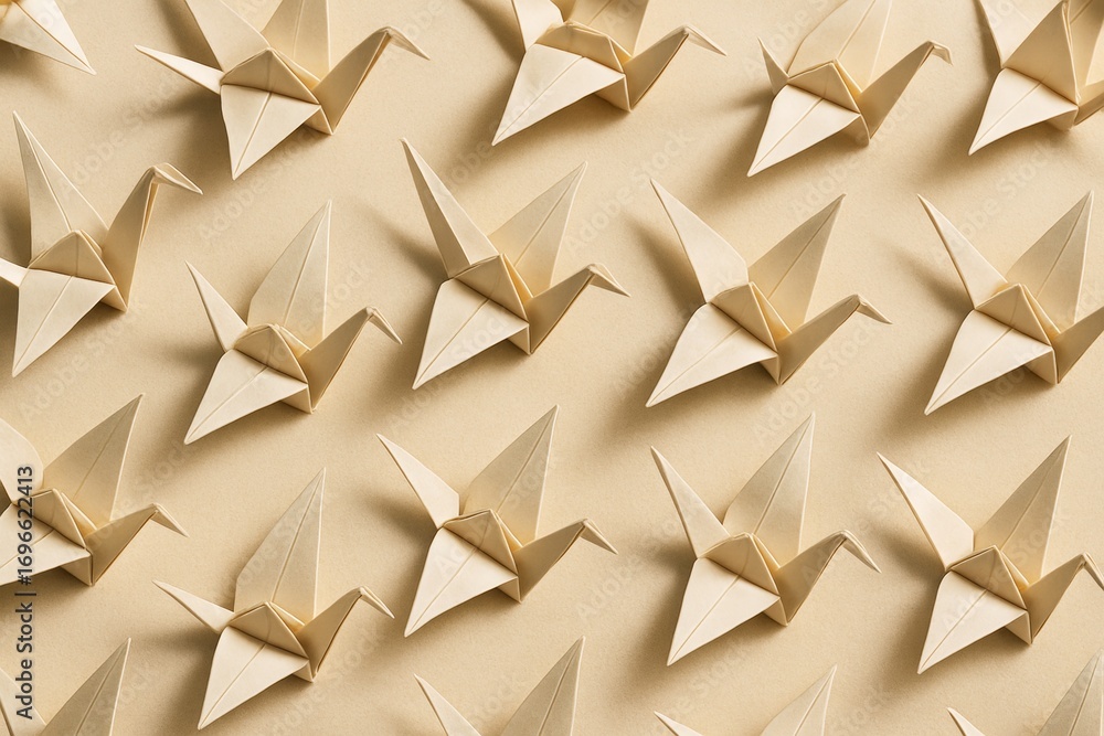 Poster repeating pattern of folded origami cranes in beige tones on matching background, creating a minimal