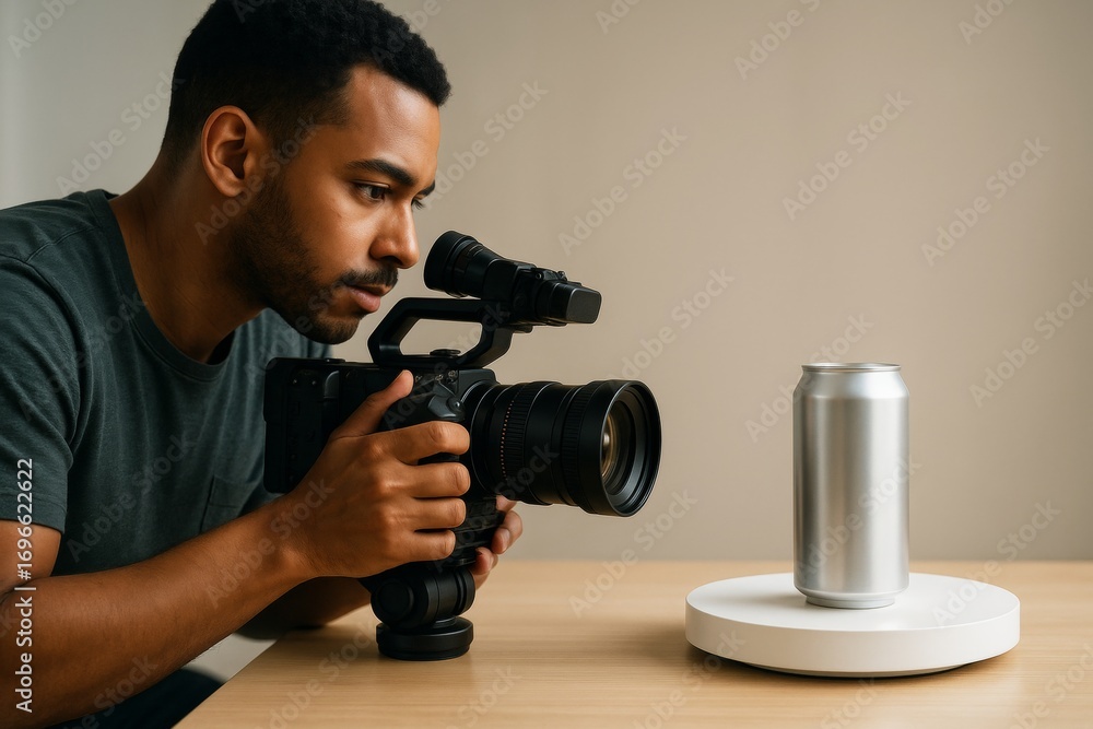Poster cameraman recording blank soda can mockup on rotating display platform in studio with clean backgrou