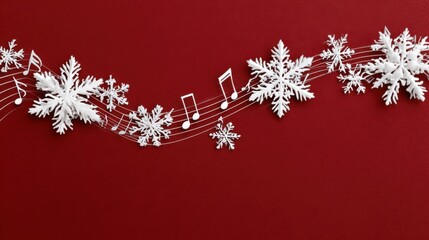 Snowflakes and Musical Notes on Red Background for Holiday Vibes