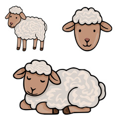 Adorable vector illustration featuring three variations of a cute cartoon sheep: standing, head-only, and sleeping, showcasing a unique wavy wool texture and soft color palette.