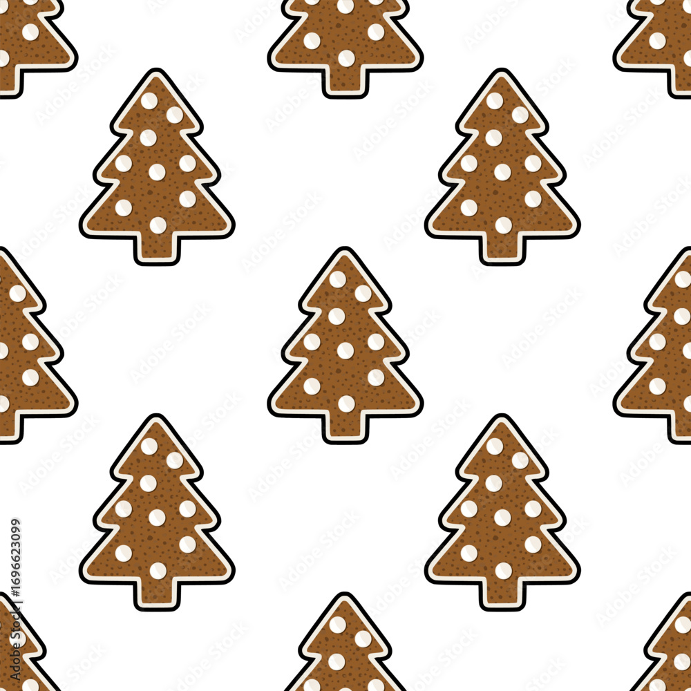 Poster seamless vector pattern of gingerbread christmas trees with white dots, perfect for festive backgrou