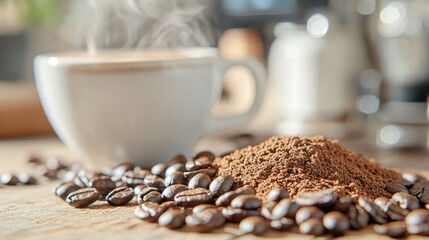 Morning Brew: A steaming cup of coffee sits amidst freshly roasted beans and ground coffee, evoking the rich aroma and inviting warmth of a perfect start to the day.