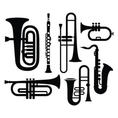 Collection of silhouetted brass and woodwind musical instruments