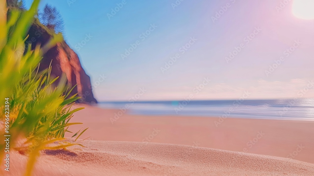 Poster beach view at sunset with grass in the foreground and cliffs in the background