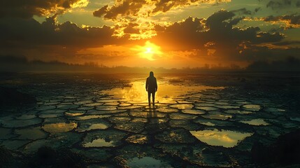 Fototapeta premium A lone figure stands in a dry cracked landscape reflecting a dramatic sunset evoking themes of scarcity and desolation