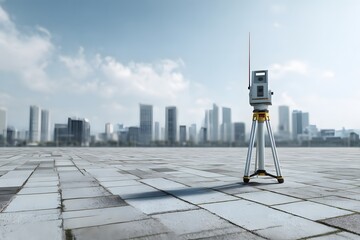 Side view of a geomatic surveyor’s 3D scan equipment placed in an open urban plaza, realistic details of paving stones and blurred city skyline in the distance