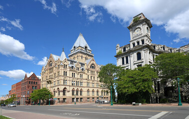 Ornate office buildings from the 1800s in downtown Syracuse, New York State
