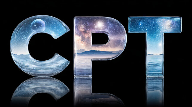 CPT letter cosmic galactic nebula starry night sky ocean horizon reflection glass typography 3d luminous surreal fantasy dreamy space art universe celestial moon planet milky way shoreline water