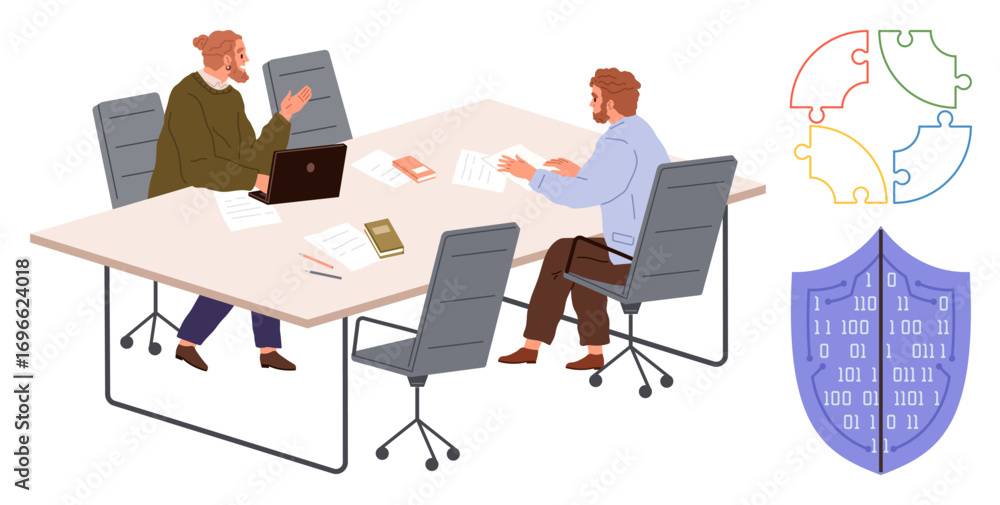 Aufkleber two colleagues discuss work at a table with laptops and documents, accompanied by colorful puzzle pi