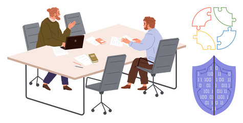 Two colleagues discuss work at a table with laptops and documents, accompanied by colorful puzzle pieces and a binary shield. Ideal for teamwork, problem-solving, cybersecurity, collaboration