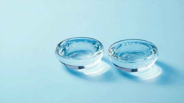 Two clear contact lenses on light blue background