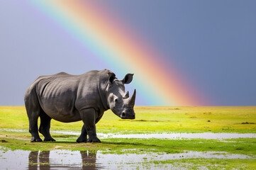 Obraz premium Majestic Rhinoceros Standing Proudly Under a Vibrant Rainbow in African Savannah Landscape