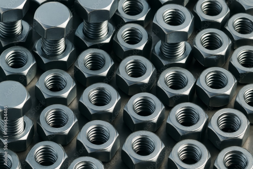 Poster metallic hex nuts and bolts arranged in a seamless geometric pattern with dramatic lighting on a dar