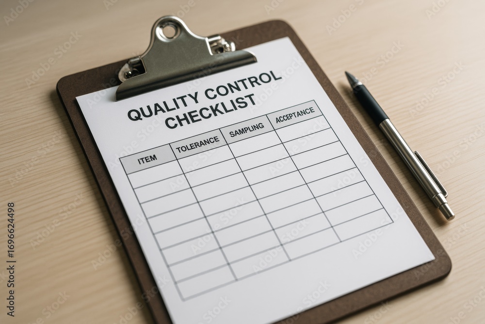 Poster quality control checklist form on clipboard with pen placed on wooden desk in soft light background,
