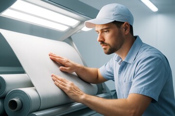 Worker inspecting fabric on industrial machine in modern textile factory under bright lights, representing quality control concept in production line. Ai generative