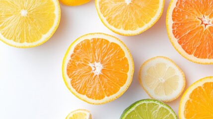 Obraz premium Zesty Citrus Slices: A vibrant assortment of freshly cut citrus fruits bursts with juicy color and texture. Perfect for healthy eating, culinary creations, and visual appeal.