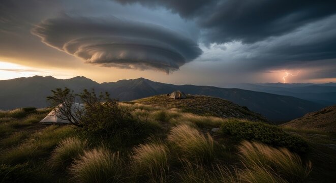 Dramatic mountain vista showcases a huge, swirling cloud formation over tents. Lightning flashes illuminate distant peaks during sunset