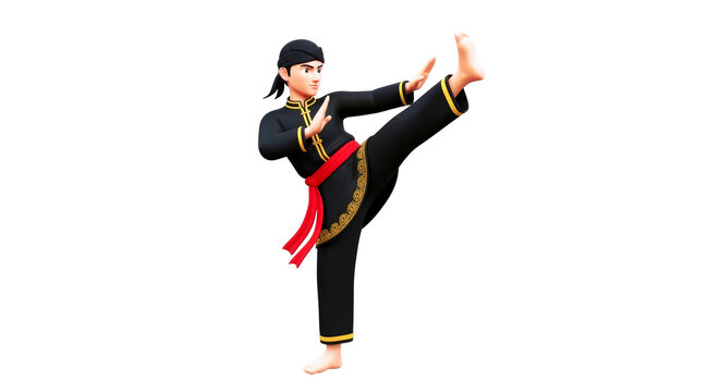 pencak silat master a 3d cartoon artists powerful kick, graceful movement, and cultural heritage, isolated on transparent background