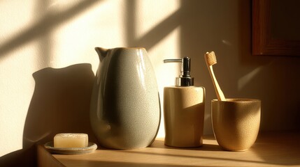 Bathroom accessories on a shelf with natural light.