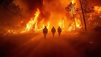 Fototapeta premium Firefighters walking away from wildfire