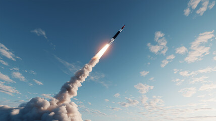 Rocket Missile Launching into Blue Sky background for Startup Technology Industrial Business Concept