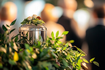 Memorial urn adorned with flowers amid the respectful presence of attendees