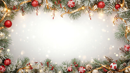 Christmas background. Snowy pine branches border with red ornaments and gold ribbon. Holiday garland frame with baubles, pinecones and lights. Winter bokeh. White copy space. Festive seasonal backdrop