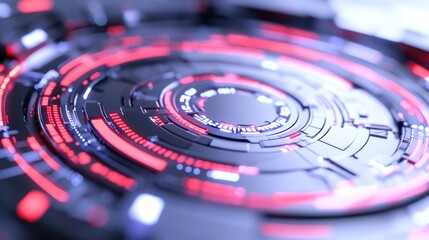 Futuristic Tech Abstraction: A mesmerizing close-up of a futuristic tech abstract design, featuring glowing red and gray circular elements.
