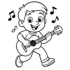 Young boy happily playing guitar with musical notes around - Concept of coloring page concept  