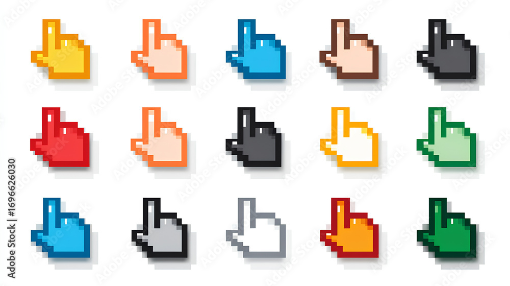 Poster Computer mouse click cursor isolated on white background. Cursor icon click set. Pixelated 3d hand mouse, hand pointer Stock Illustration
