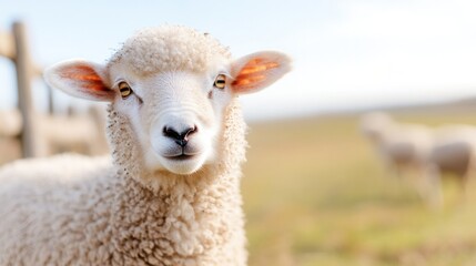 Fototapeta premium Fluffy Lamb Portrait: A charming close-up of a fluffy lamb, its innocent eyes capturing the essence of spring and the warmth of the outdoors. 