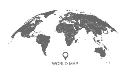 Naklejka premium 3D World Map Sphere Vector, Monochrome Silhouette of Globe with Continents and Islands, Global Earth Planet Illustration for Geography, Travel, and Education Design Projects