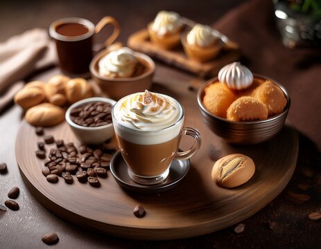 indulge in a creamy coffee topped with whipped cream and served with sweet snacks