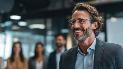 Obraz premium A confident senior businessman,arms crossed stands in an office, wearing glasses and smiling.