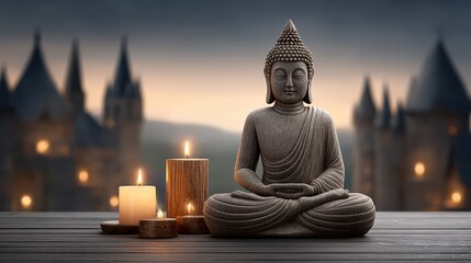 Serene sunset buddha statue surrounded by candles at a tranquil temple mystical landscape peaceful reflection