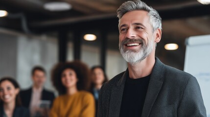 Fototapeta premium A confident senior businessman,arms crossed stands in an office, wearing glasses and smiling.