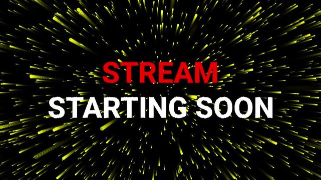 Animated stream starting soon screen with dynamic yellow light trails on black background. 4K video animation.