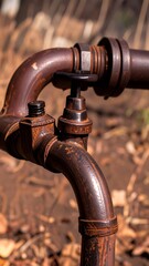 Close-up view of rusty metal pipes and a valve, showcasing the aged texture and details of the weathered metalwork.