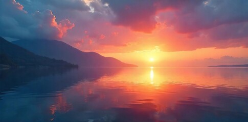 Naklejka premium Serene sunrise over tranquil water, reflecting peaceful dawn; perfect image for meditation, prayer, or spiritual reflection , peaceful, sunrise, golden hour