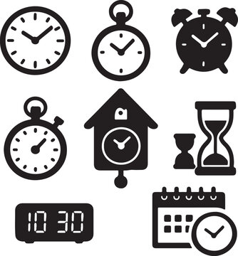 Set of Time and Clock Silhouettes &ndash; Vector Clipart Featuring Wall Clocks, Alarm Clocks, Pocket Watches, Hourglasses & Timers