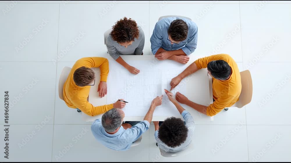 Poster professional team collaborating during strategic meeting, reviewing architectural blueprints and dis