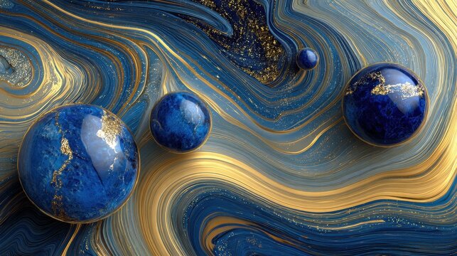 Abstract Lapis Lazuli Spheres with Gold Veins on Swirling Background.