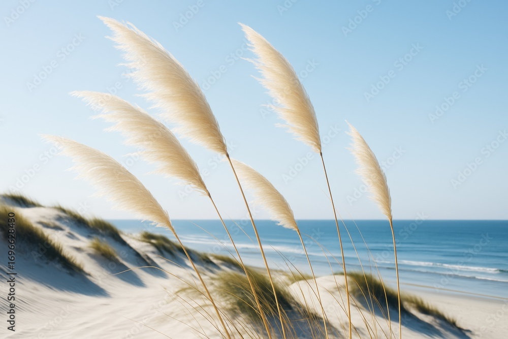 Poster soft pampas grass swaying on sand dunes with ocean waves in the background under clear blue sky in b