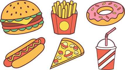 Vector art of collection of fast food items including a burger, fries, donut, hot dog, pizza, and soda