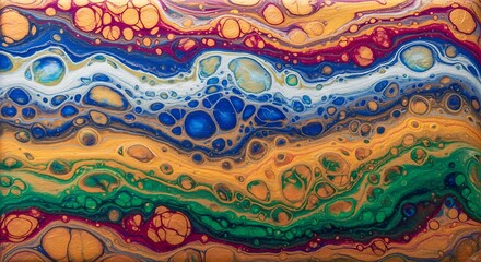 Vibrant fluid acrylic pour artwork with cells and ripple effects